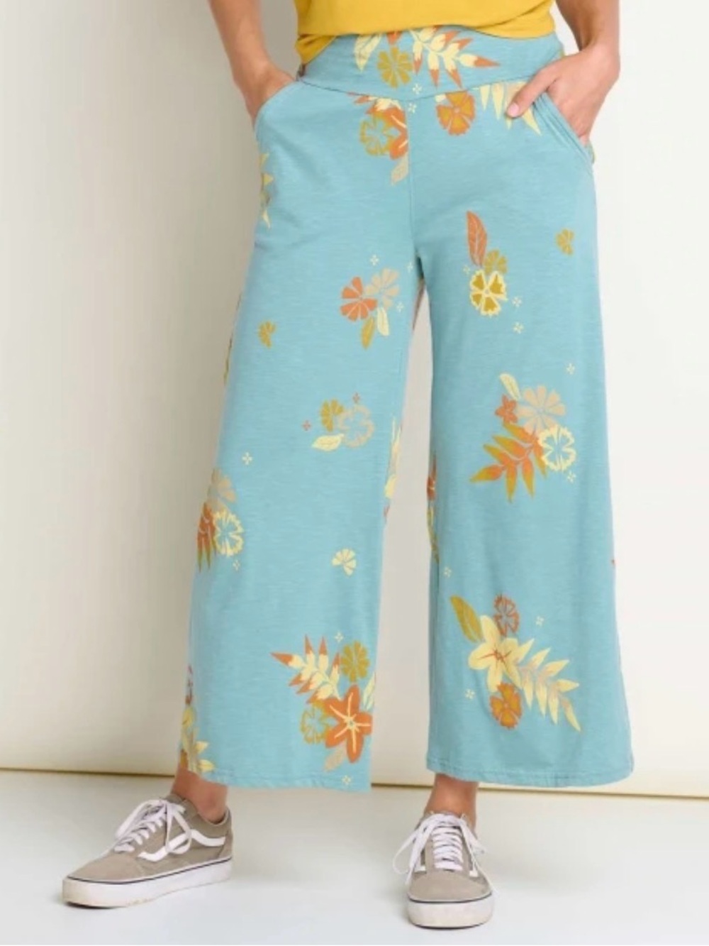 Toad&Co Chaka Pants mineral blue Floral & Leaf Wide Leg Cropped m